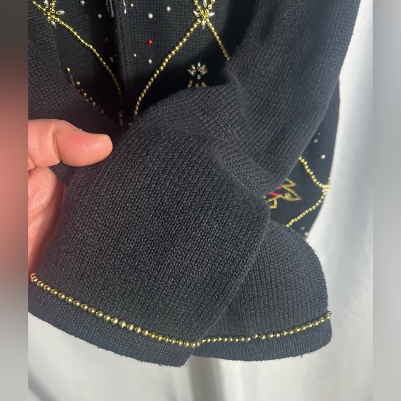 Dealers & Damons Vintage Faux Fur Collar Christmas Button Cardigan Beaded Size L - Picture 4 of 9